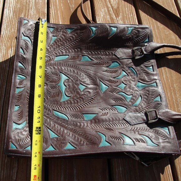 JL Saldivar Cutout Tooled Leather Large Purse Tote Bag, Dark Brown & Turquoise - Picture 5 of 16